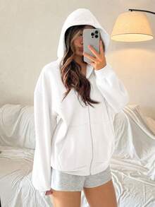 SHEIN 青少年女孩/青少年女孩白色連帽寬鬆休閒運動衫，極簡風格，適用於休閒與運動 - 白色 - 查看 5