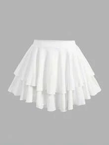 SHEIN Girlism 女孩休閒運動學院風返校白色弧形層次荷葉蛋糕裙褲，內襯設計，寬鬆版型，四季適用青少年女孩秋冬穿搭 - 白色 - 查看 2