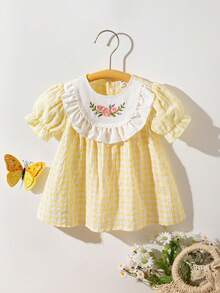 SHEIN Newborn Baby Girl Summer Versatile Simple Cute Round Neck Floral Embroidered Puff Sleeve Pale Yellow Plaid Dress Suitable For Outings And Parties - Yellow - View 9