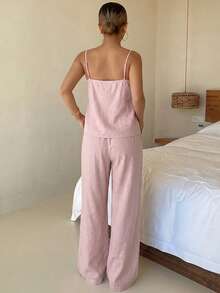 DAZY 2pcs/Set Women's Contrast Lace Patchwork Camisole Top And Pants Pajama Set, Summer - Pink - View 2