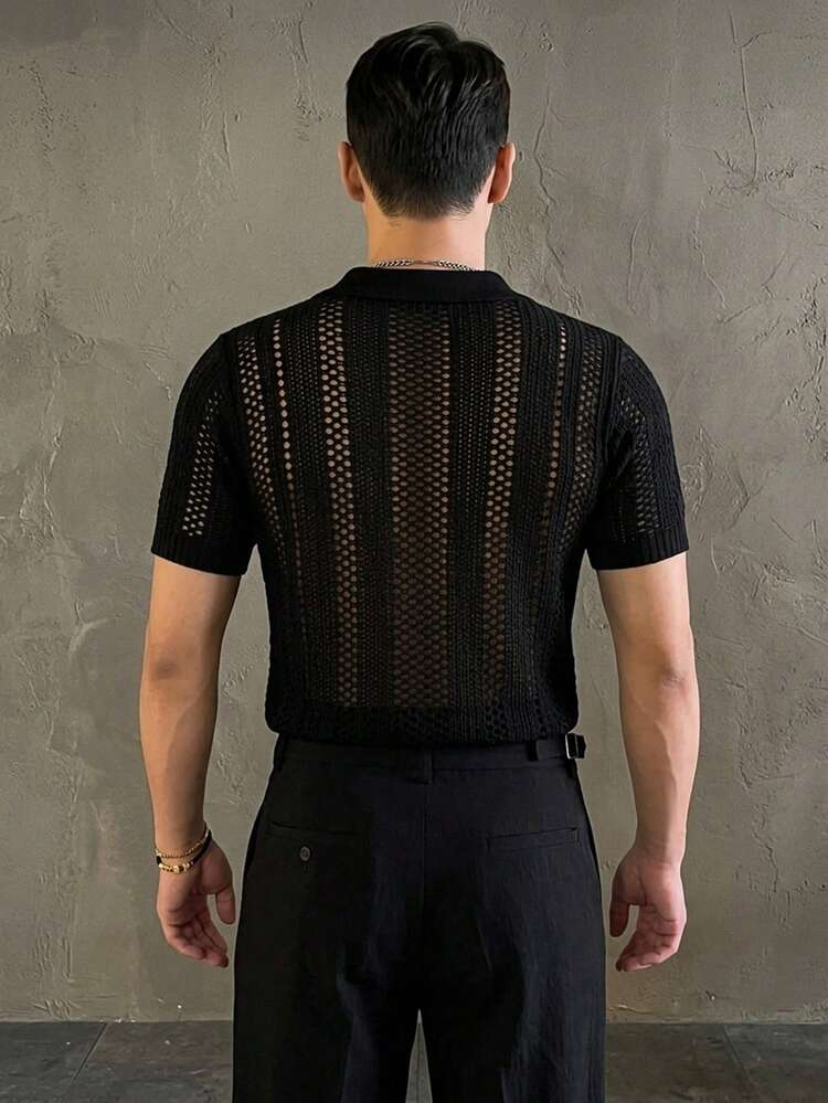 Black Ribbed Hollow-Out Half Mesh Short Sleeve Knit Top For Men