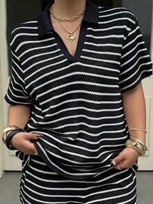Muchica Plus Size Women's Summer Casual Vacation Daily Commute Color Block Striped Print V-Collar Short Sleeve T-Shirt And Shorts Set - Black - View 2