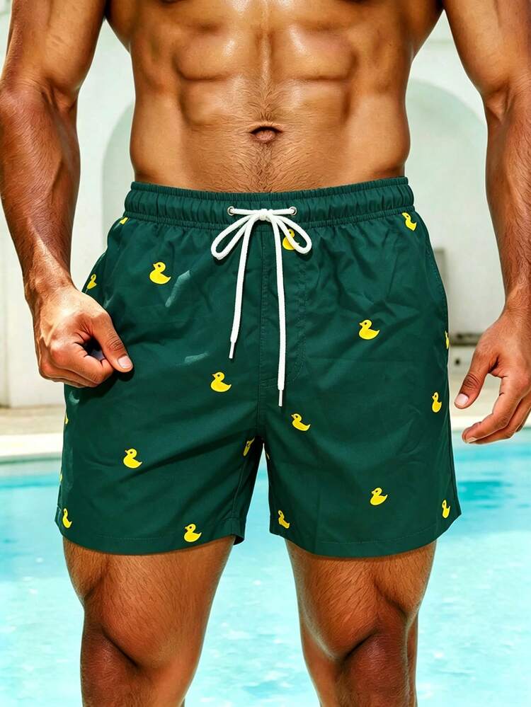 Genlund Summer Holiday Men's Summer Vacation Duck Print Drawstring Waist Beach Shorts Holiday / Vacation / Beach / Hawaii / Tropical / Swim /  Bathing - Dark Green - View 5