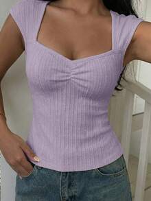 Teen Girl Summer Casual Vacation Daily Commute Minimalist Solid Color Textured Fabric Sweetheart Neckline Ruched Bust Fitted Top - Purple - View 8