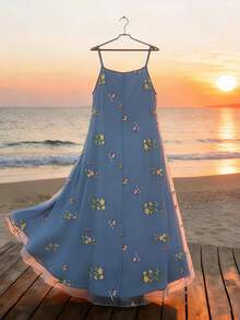 Breezaya Plus Size Mori Style Embroidered Camisole Dress, Loose Mesh Fairy Maxi Dress - Blue - View 2