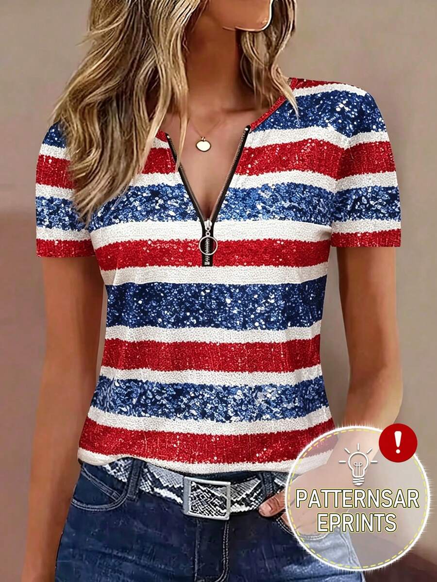 EMERY ROSE Contrast Color Striped Sequin Print Women's T-Shirt, V-Neck Zipper Design - Multicolor - View 1