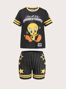 Slaydiva LOONEY TUNES X SHEIN 2026 大尺碼女款休閒街頭復古卡通圖案短袖T恤與短褲兩件套，網球風格，夏季 - 彩色 - 查看 5