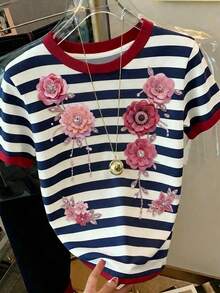Divinelle Casual Minimalist Faux Craft Blue & Red Placement Print Round Neck Loose Short Sleeve T-Shirt For Women, Suitable For Spring/Summer - Multicolor - View 1