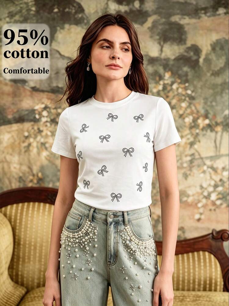 Anewsta Camiseta casual de mujer con cuello redondo y manga corta con estampado de lazo - Blanco - Añade 3