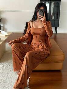 DAZY 3pcs Bow Print Allover Allover Print Camisole And Pants Women Pajama Set - Orange - View 6