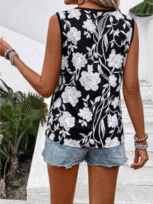 EMERY ROSE Camiseta de tirantes casual de mujer con cuello y puños de color contrastante, bordado falso y estampado digital - Multicolor - Ver 2