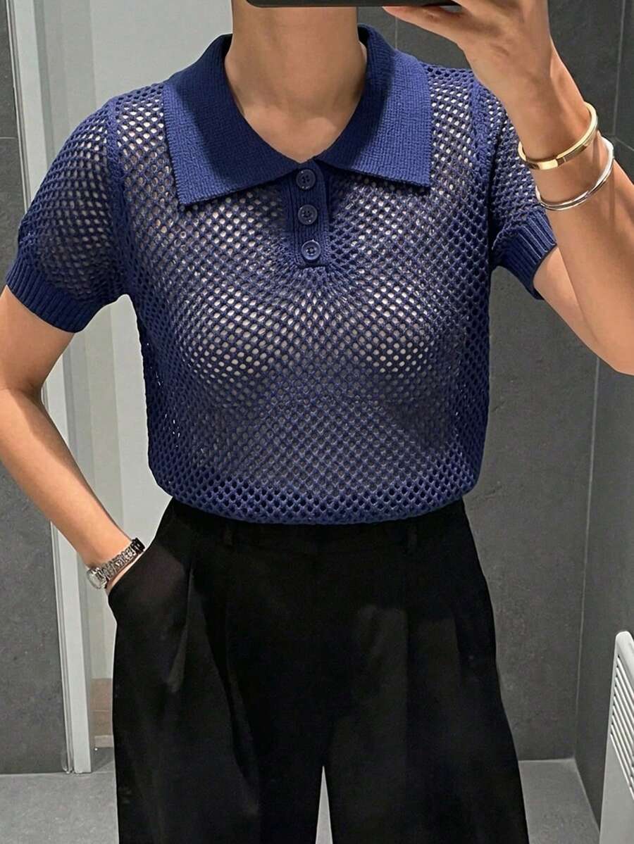 DAZY 女款商務休閒 Polo 領短袖針織上衣 夏季款 - 藏蓝色 - 查看 1