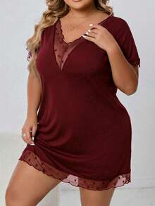 SHEIN CURVE+ Plus Size Women's Mesh Spliced Black Dress, Loose Black Dress, Valentine's Day Dress - Burgundy - View 4