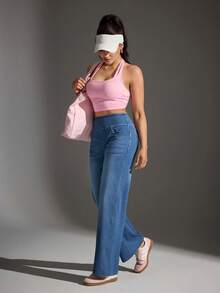 Flexra Quần jeans nữ dáng suông, chất liệu co giãn, kiểu dáng cơ bản, có thêu nơ. - Rửa trung bình - Xem 6