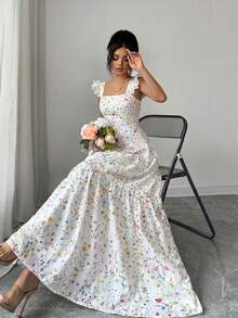 SHEIN Elenzya 女款春夏優雅碎花印花荷葉邊肩帶A字長洋裝，適合野餐、情人節約會、海灘聚會、旅行度假 - Pearl White - 查看 6