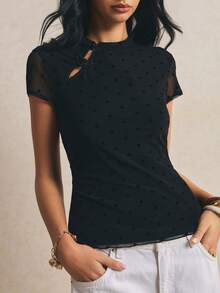 Poéselle Women's Elegant Black Polka Dot Summer T-Shirt,Mesh Patchwork Short Sleeve Keyhole Slim Fit Top,New Chinese Style Ruffled Trim Dinner Date Night Party - Black - View 7