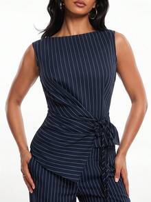 Radiana Women's Asymmetric Tie-Up Sleeveless Blouse,Navy Blue And White Striped,Summer Casual Elegant Business Commuter Vintage Style Office Clothing - Navy Blue - View 2