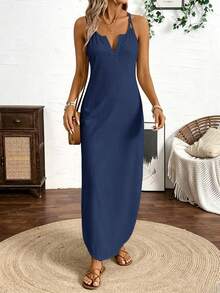 Breezaya Vertical Striped Multi-Colored Spaghetti Strap Dress Maxi Women Outfit - Royal Blue - View 4