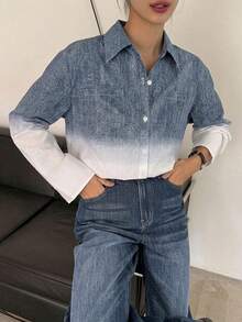 DAZY Women's Ombre Long Sleeve Dropped Shoulder Casual Sexy Loose Blouse Golf White Autumn School - Blue - Ver 4