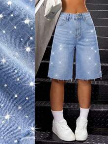 Pantalones cortos de mezclilla holgados con adornos de strass brillantes para niñas - Lavado ligero - Ver 1