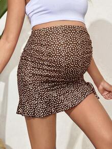 SHEIN Falda ajustada de maternidad estilo vacaciones de verano en la playa con estampado floral pequeño, cintura ajustable con cordón, fruncido con nudo y bajo con volantes - Marrón - Ver 3