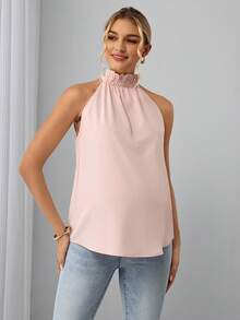 SHEIN Maternity Sweet Fashionable Elegant Elastic Neckline Ruched Tank Top Baby Shower Summer Pink And Blue Wedding Gender Reveal Guest Delivery - Pink - View 2
