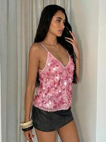Glamine Women's Fashionable Party Ombre Beaded Camisole Top For Summer - Pink - View 4