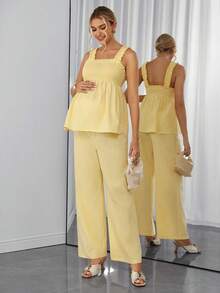 Momance 2pcs Maternity Set, Ruffled Camisole Top Paired With Flowy Wide-Leg Pants, Comfortable Versatile, Gentle Elegant Style Suitable For Pregnancy Daily - Yellow - View 8