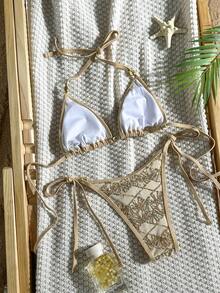 Costavie SHEIN Swim Bonvoyette-D 兩件式亮片紋理掛脖比基尼套裝，性感三角上衣與側綁下褲，海灘度假泳裝 - 金色 - 查看 2