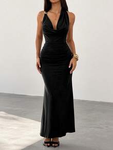 Bluhae Women's Cowl Neck Backless Halter Mermaid Long Dress - Black - View 6
