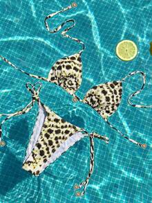 Swim Vcay Frühling/Sommer 2-teiliges Damen Strandbekleidungsset, modisches süßes sexy Urlaubs-Seaside-Schwimmbad-Party-Set mit zufälligem mehrfarbigem Leopardenmuster, Sonnenaccessoire, Neckholder-Top mit offenem Rücken und Bindung, Dreiecks-Top und Bikini-Unterteil mit seitlicher Bindung - Verschiedenfarbig - Übersicht 4