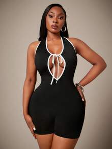 Radiana Curve Backless Black And White Halter Neck Hollow Out Bandage Bodysuit For Beach Concert Vacation Summer Sexy - Black and White - View 2