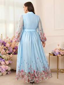 Modelyn 女款定位網格花卉印花長袖收腰A字版型浪漫度假風優雅大尺碼洋裝 - 藍色 - 查看 2
