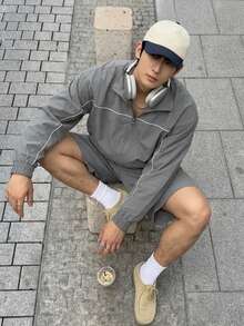 DAZY Grey Long Sleeve Jacket Paired With Shorts, Men's Outfit Set - Grey - View 2