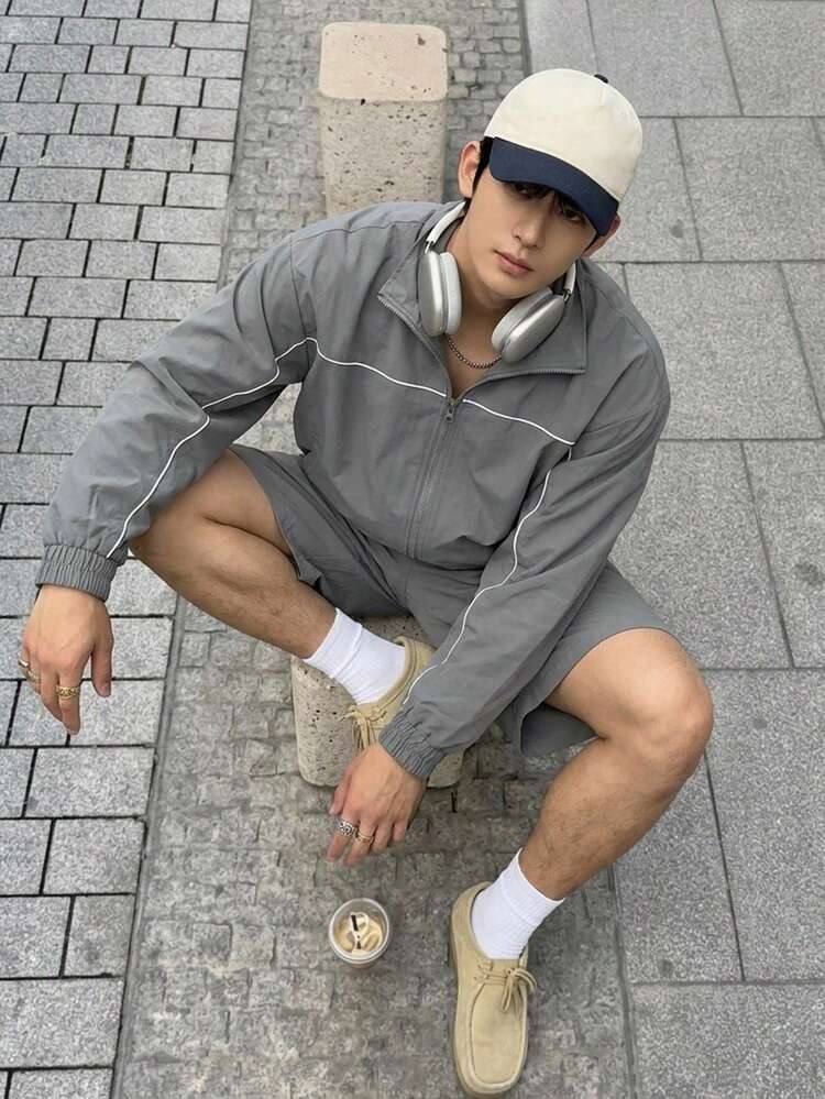 Grey Long Sleeve Jacket Paired With Shorts, Men's Outfit Set