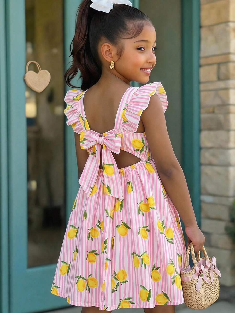 Young Girl Cute Lemon Vacation Floral Pink & White Smocked Striped Print Vacation Dress, Suitable For Summer - Multicolor - View 1