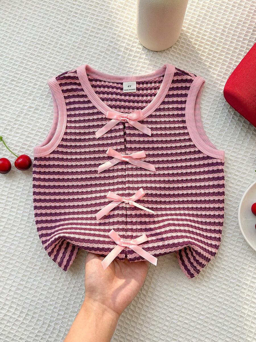 SHEIN 少女夏季休閒條紋蝴蝶結裝飾背心上衣 - 紫色 - 查看 1
