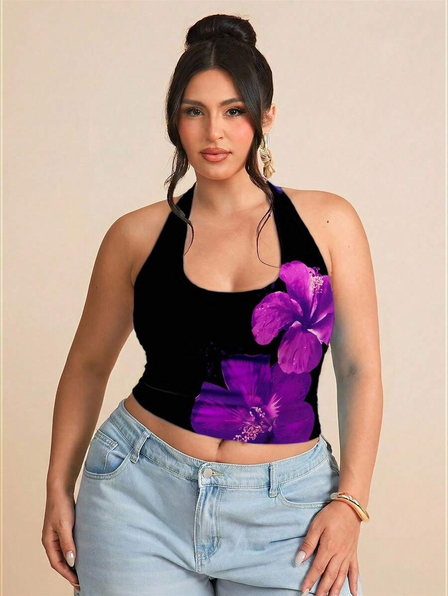 SHEIN BAE Áo nữ size lớn mùa hè cổ yếm họa tiết hoa/Áo mùa hè/Áo lễ hội âm nhạc/Áo đi biển,Áo màu đen - màu đen - Xem 1