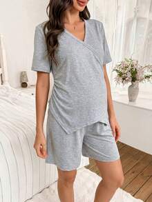 Moonlight&Mama Women's Casual Asymmetric Design Short Maternity Loungewear Set - Grey - View 3