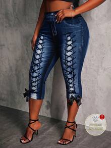 SHEIN SXY Women's Textured Print Leggings, Suitable For Music Festivals, Bow Decoration, Plus Size Leggings - Black - View 1