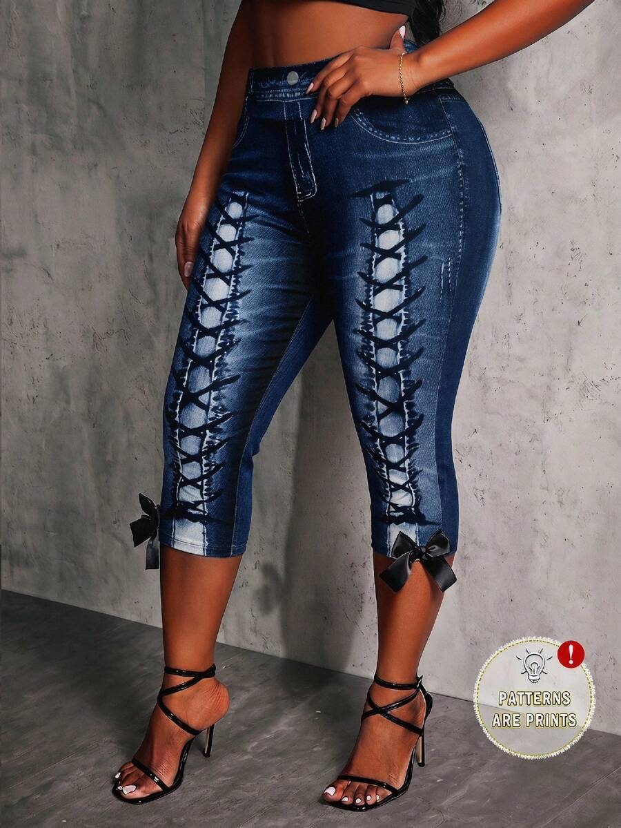 SHEIN SXY Women's Textured Print Leggings, Suitable For Music Festivals, Bow Decoration, Plus Size Leggings - Black - View 1