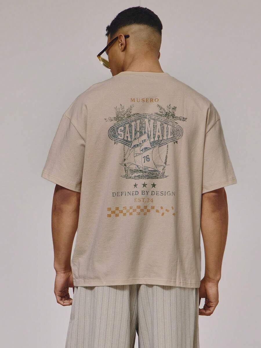 Musero Oversized Crew Neck Short Sleeve Large Back SAIL MAIL Washed Graphic Tshirt SummerHoliday Essentials - Khaki - View 1
