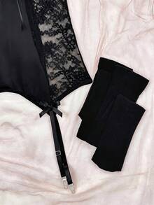 SHEIN 3pcs Set Lace Patchwork Bow Tie Sexy Nightgown - Black - View 7