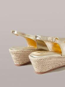 Styleloop Zapatos de tacón inclinado para mujer con suela gruesa, correa trasera de cuerda de cáñamo, impermeables, con detalle dorado, estilo elegante de vacaciones, cómodos, de ocio y playa, con suela de cuerda de cáñamo, estilo bohemio, sandalias tipo slingback sencillas para mujer - Dorado - Ver 6