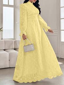 Modelyn French Style Stand Collar Lace Hollow Out Button Petal Sleeve Design Dress - Light Yellow - View 6