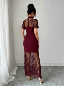 Elenzga Elegant Sexy Lace Hollow Out Short Sleeve Splice Waist Bodycon Midi Dress, High-End Quality Stretchy Fitted Mermaid Lace Trim Long Dress - Burgundy - View 2