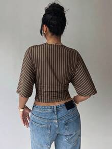 Aloruh Women's Brown Striped Print Round Neck Batwing Sleeve Ruched Design Cropped Fashionable Top - Brown - View 2