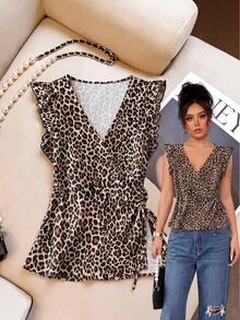 GlowEve CURVE Plus Size Women Leopard Print V-Neck Ruffle Sleeve Loose Side Slit Blouse,Khaki,Summer,Classy,Night Out Club Casual Top,Elegant Animal Print Fashion - Multicolor - View 1