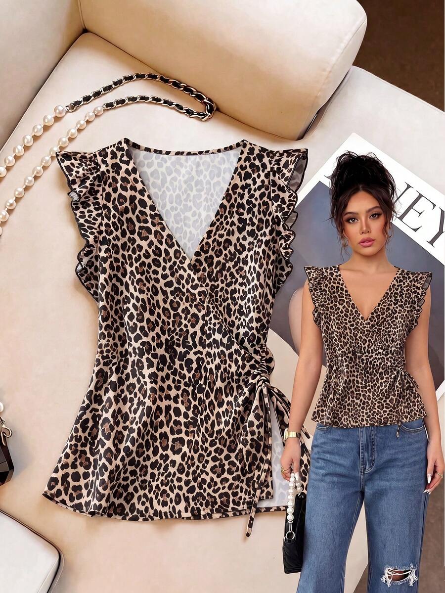 GlowEve CURVE Plus Size Women Leopard Print V-Neck Ruffle Sleeve Loose Side Slit Blouse,Khaki,Summer,Classy,Night Out Club Casual Top,Elegant Animal Print Fashion - Multicolor - View 1