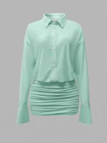 Cévolie Gaun Mini Wanita Polos Berlipit untuk Kencan dan Pesta Kasual - Mint Green - View 4